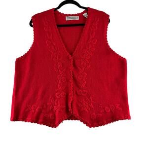 Vintage Karen Scott Sweater Vest Women's 1X Red Floral Embroidered Holiday Warm
